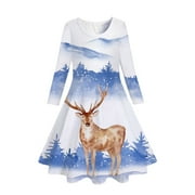 Girls Dresses Kids Toddler Girls Christmas Trees Deer Print Christmas Long Sleeve Party Princess Dress